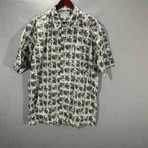 Columbia Shirt Mens Large Button Up Tan Green Cotton Short Sleeve Pocket Logo